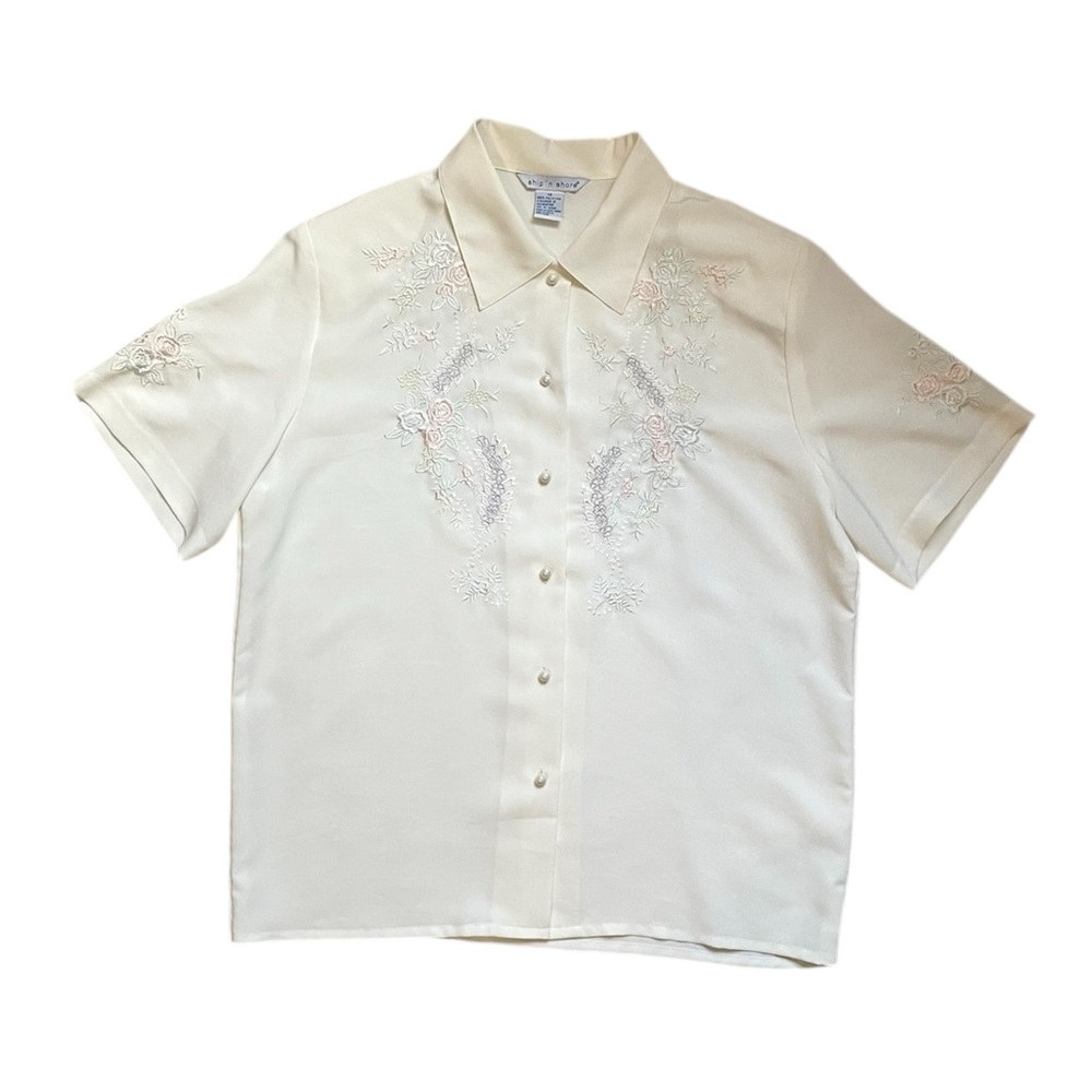 Vintage 90s ship n shore embroidered white cream button down top